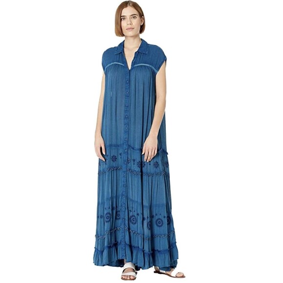 Free People Pretty Cozy Maxi Dress Buttondown Tiered Lace Embroidered S 283828 - Picture 4 of 10